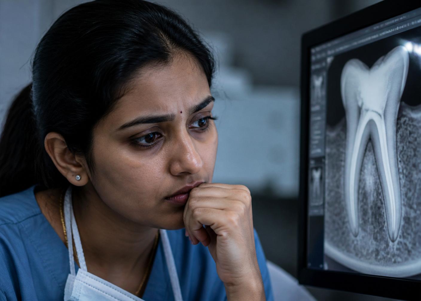 Dentist looking closely at X-ray scan screen
