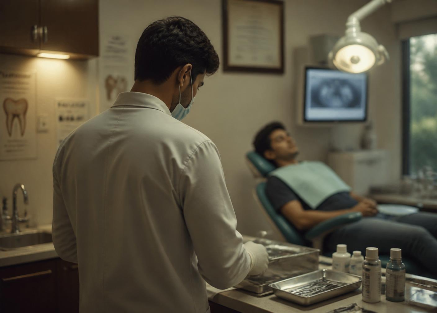 Dentist preparing tools in clinic chair setup