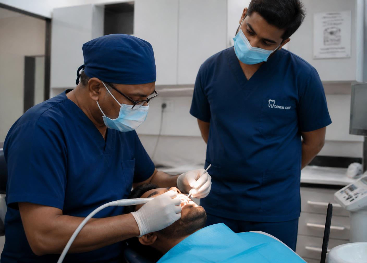 Senior dentist guiding a junior dentist during procedure